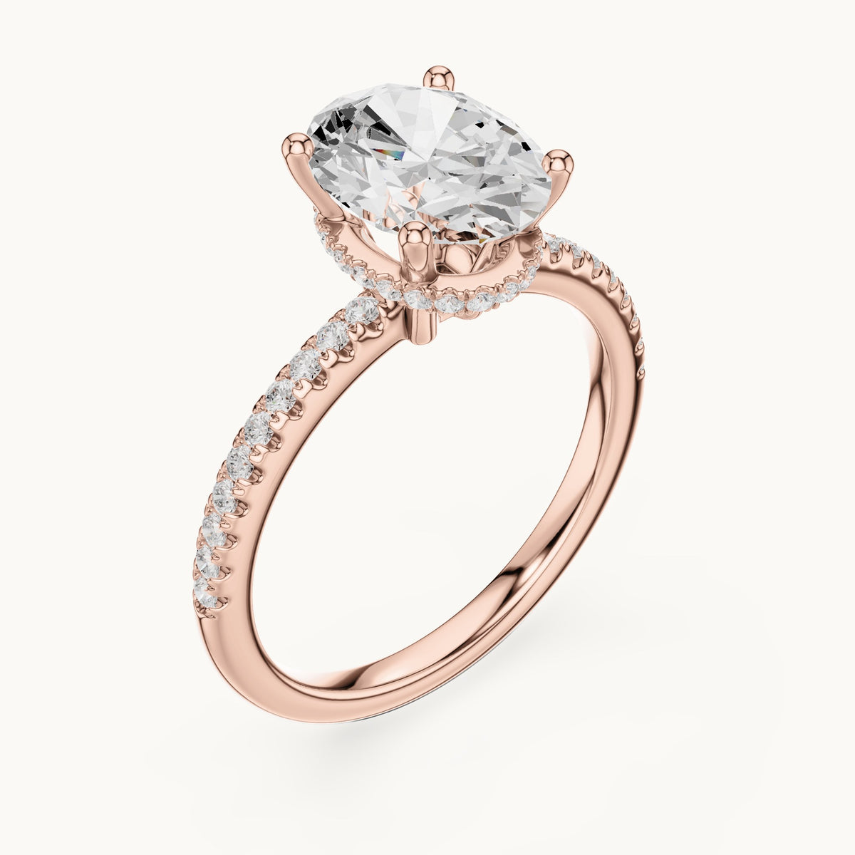 Oval lab-grown diamond petite pavé hidden halo engagement ring in rose gold, 2.31 CT TW, view 2