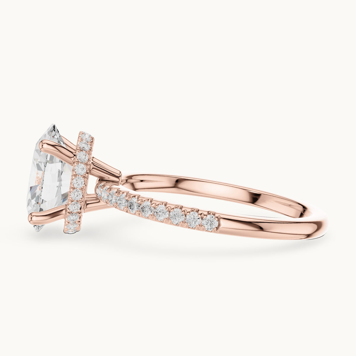 Oval lab-grown diamond petite pavé hidden halo engagement ring in rose gold, 2.31 CT TW, view 3