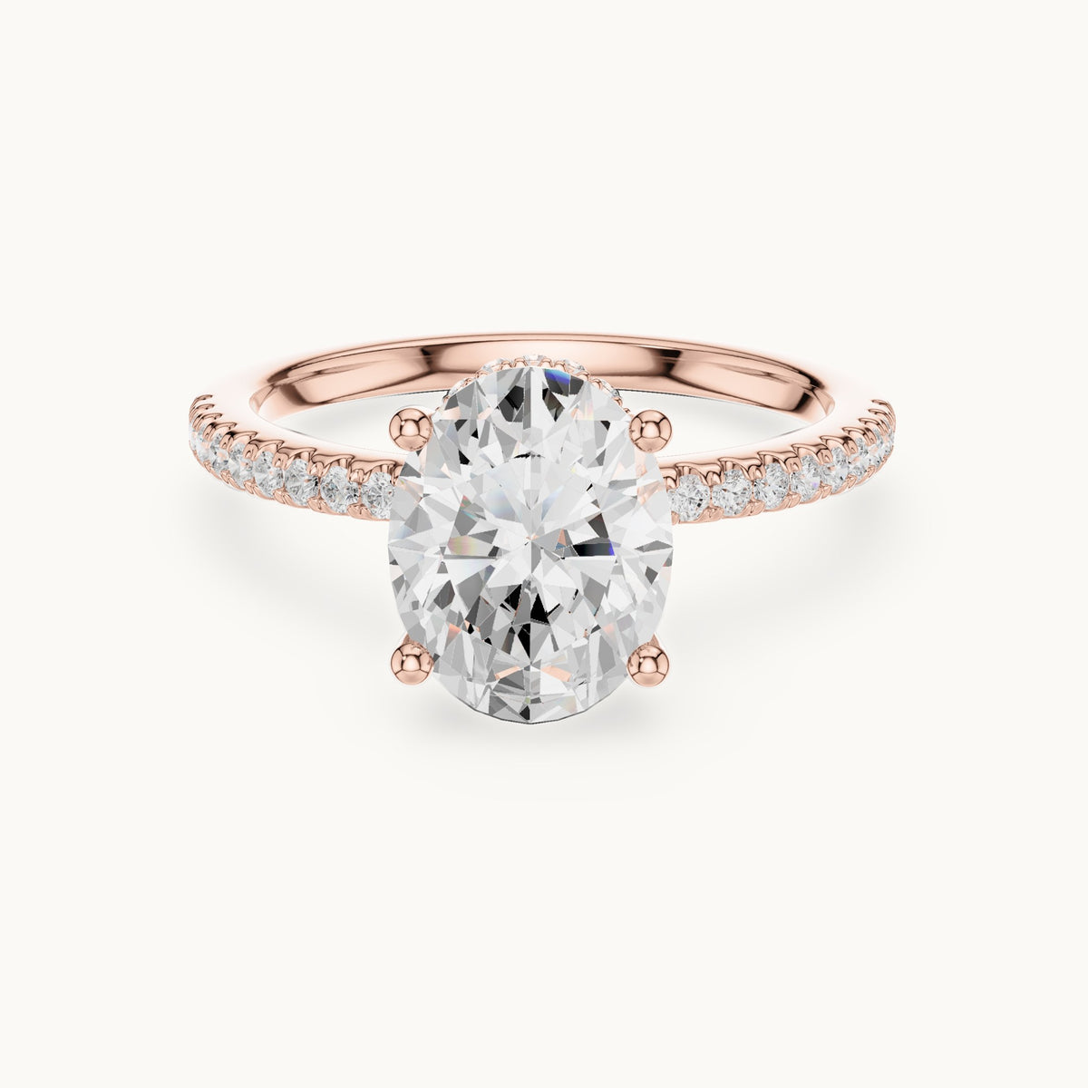 Oval lab-grown diamond petite pavé hidden halo engagement ring in rose gold, 2.31 CT TW, view 4