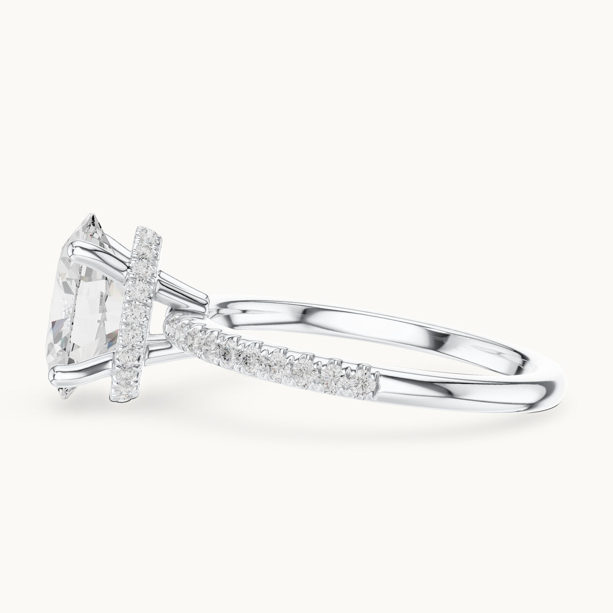 Oval lab-grown diamond petite pavé hidden halo engagement ring in white gold, 2.31 CT TW, view 3