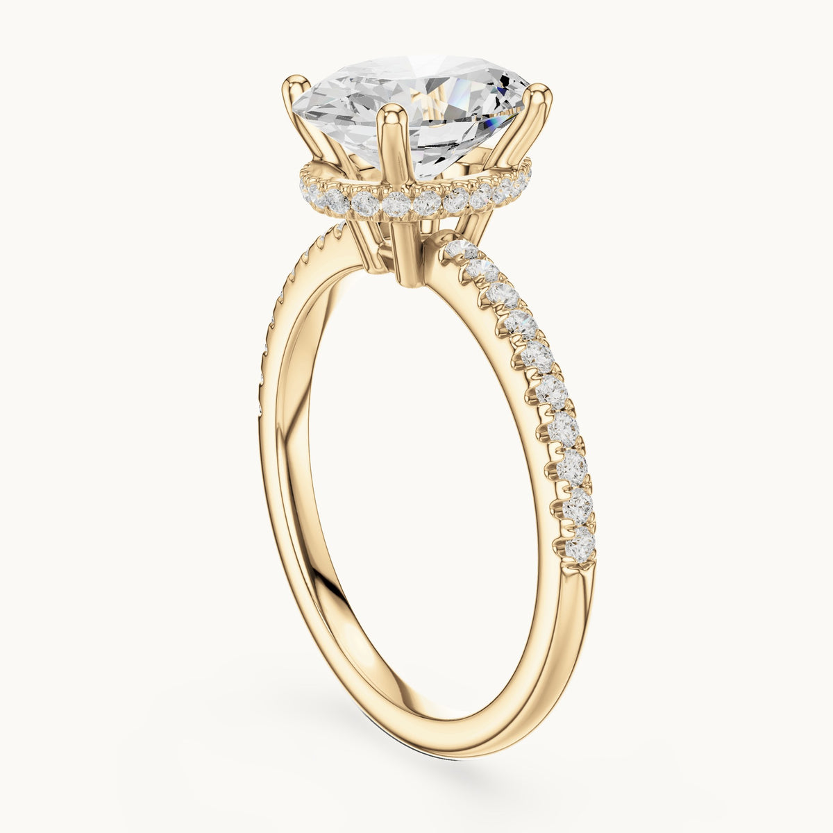 Oval lab-grown diamond petite pavé hidden halo engagement ring in yellow gold, 2.31 CT TW, view 1