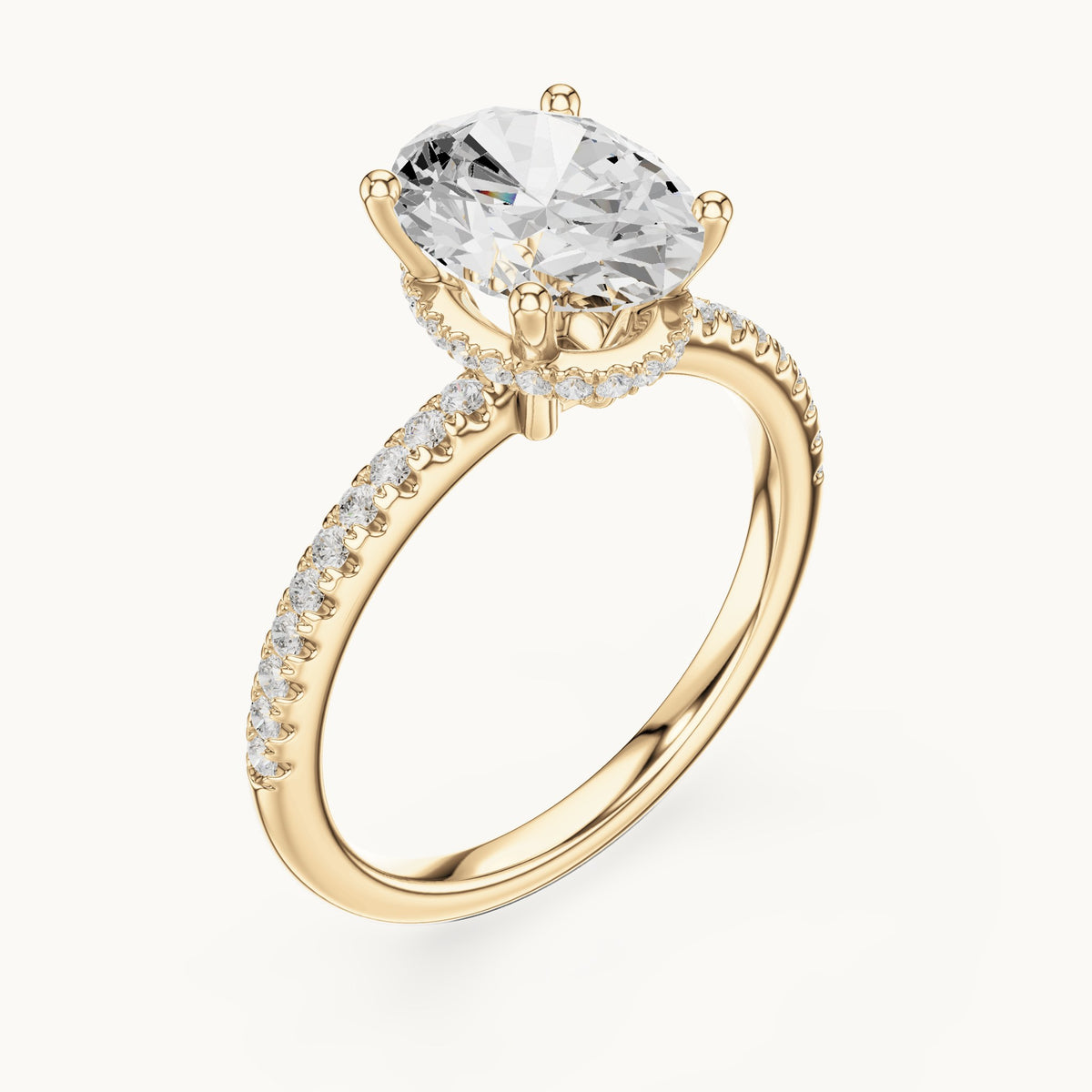 Oval lab-grown diamond petite pavé hidden halo engagement ring in yellow gold, 2.31 CT TW, view 2