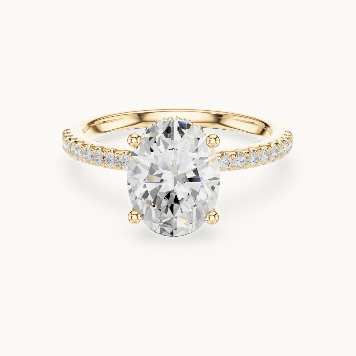 Oval lab-grown diamond petite pavé hidden halo engagement ring in yellow gold, 2.31 CT TW, view 4