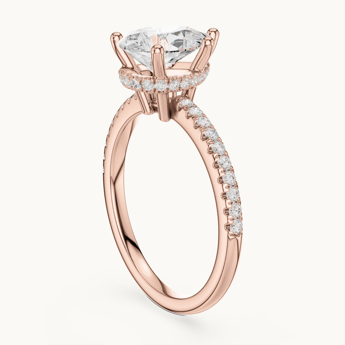 Pear lab-grown diamond petite pavé hidden halo engagement ring in rose gold, 2.30 CT TW, view 1