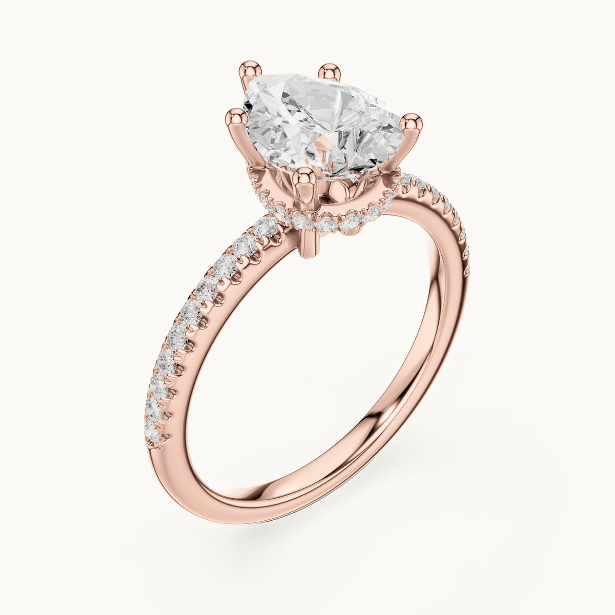 Pear lab-grown diamond petite pavé hidden halo engagement ring in rose gold, 2.30 CT TW, view 2