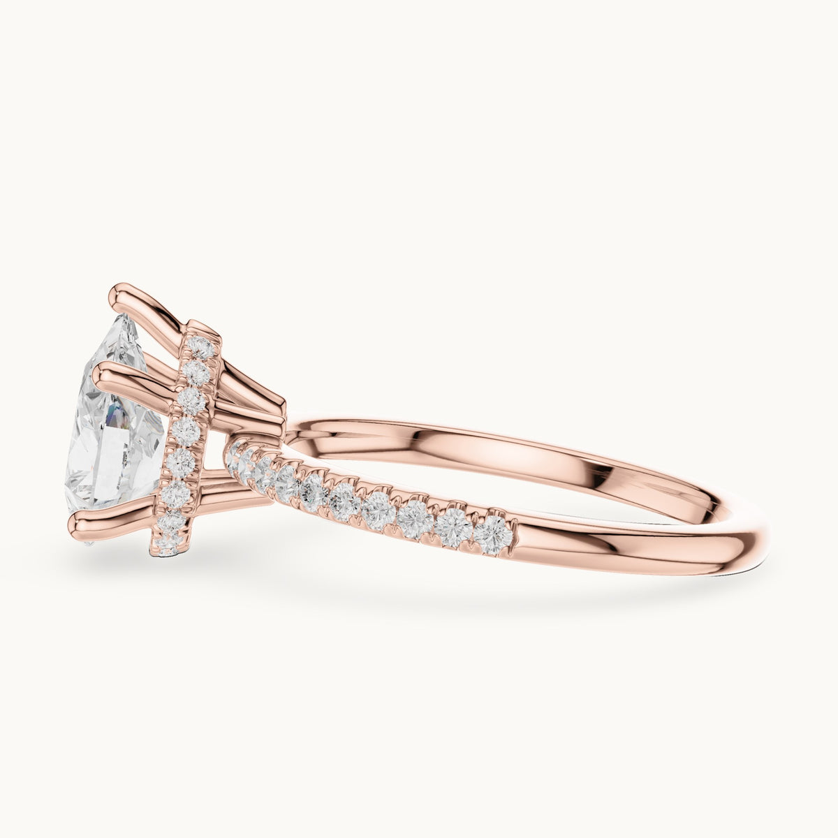 Pear lab-grown diamond petite pavé hidden halo engagement ring in rose gold, 2.30 CT TW, view 3