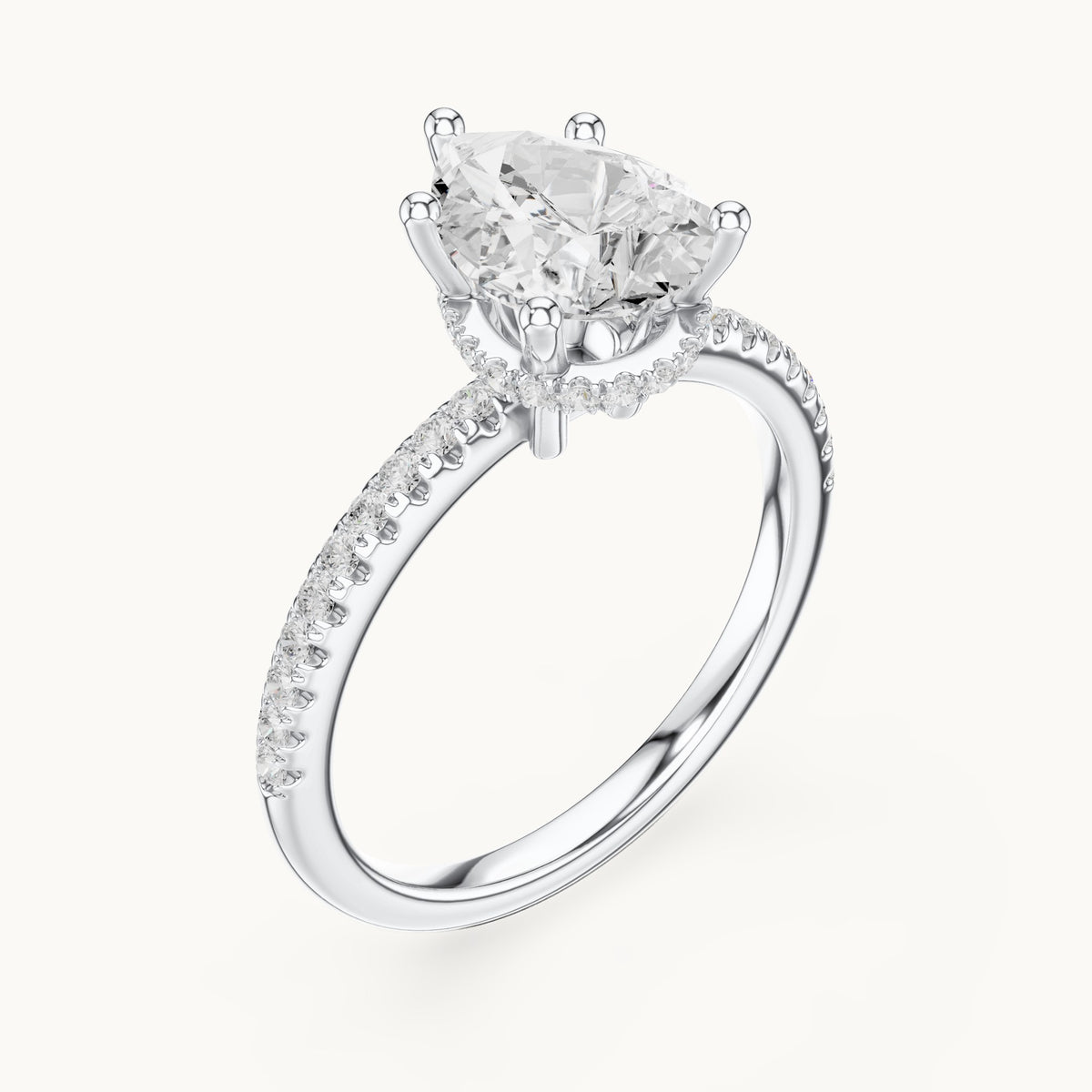 Pear lab-grown diamond petite pavé hidden halo engagement ring in white gold, 2.30 CT TW, view 2