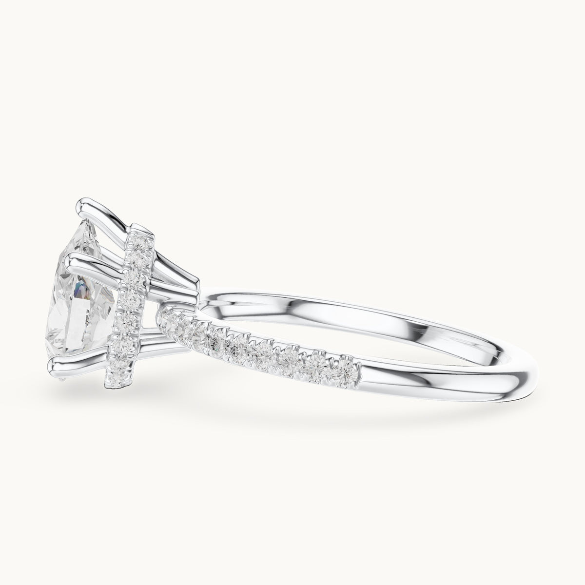 Pear lab-grown diamond petite pavé hidden halo engagement ring in white gold, 2.30 CT TW, view 3