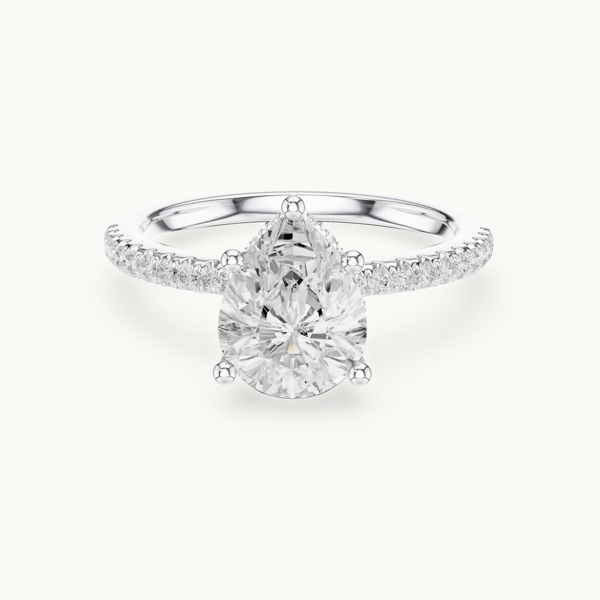 Pear lab-grown diamond petite pavé hidden halo engagement ring in white gold, 2.30 CT TW, view 4