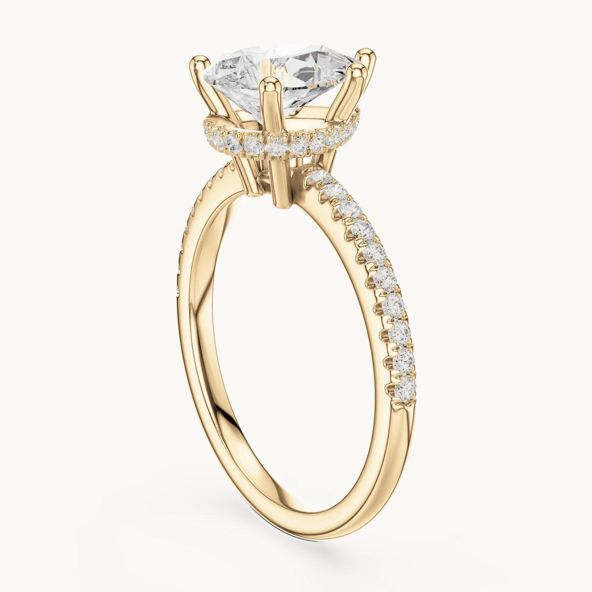 Pear lab-grown diamond petite pavé hidden halo engagement ring in yellow gold, 2.30 CT TW, view 1