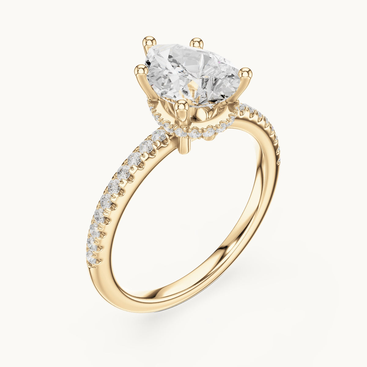 Pear lab-grown diamond petite pavé hidden halo engagement ring in yellow gold, 2.30 CT TW, view 2