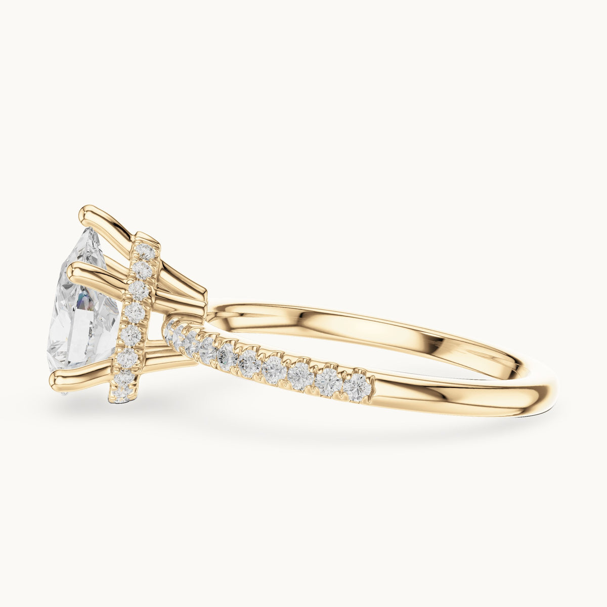 Pear lab-grown diamond petite pavé hidden halo engagement ring in yellow gold, 2.30 CT TW, view 3