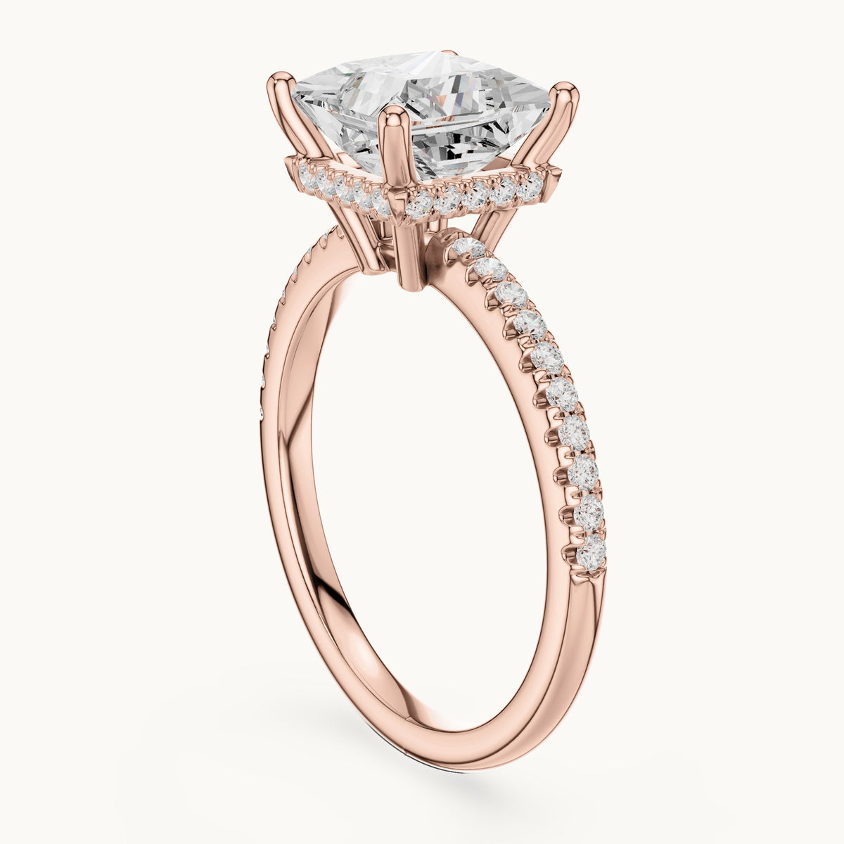 Princess-cut lab-grown diamond petite pavé hidden halo engagement ring in rose gold, 2.30 CT TW, view 1