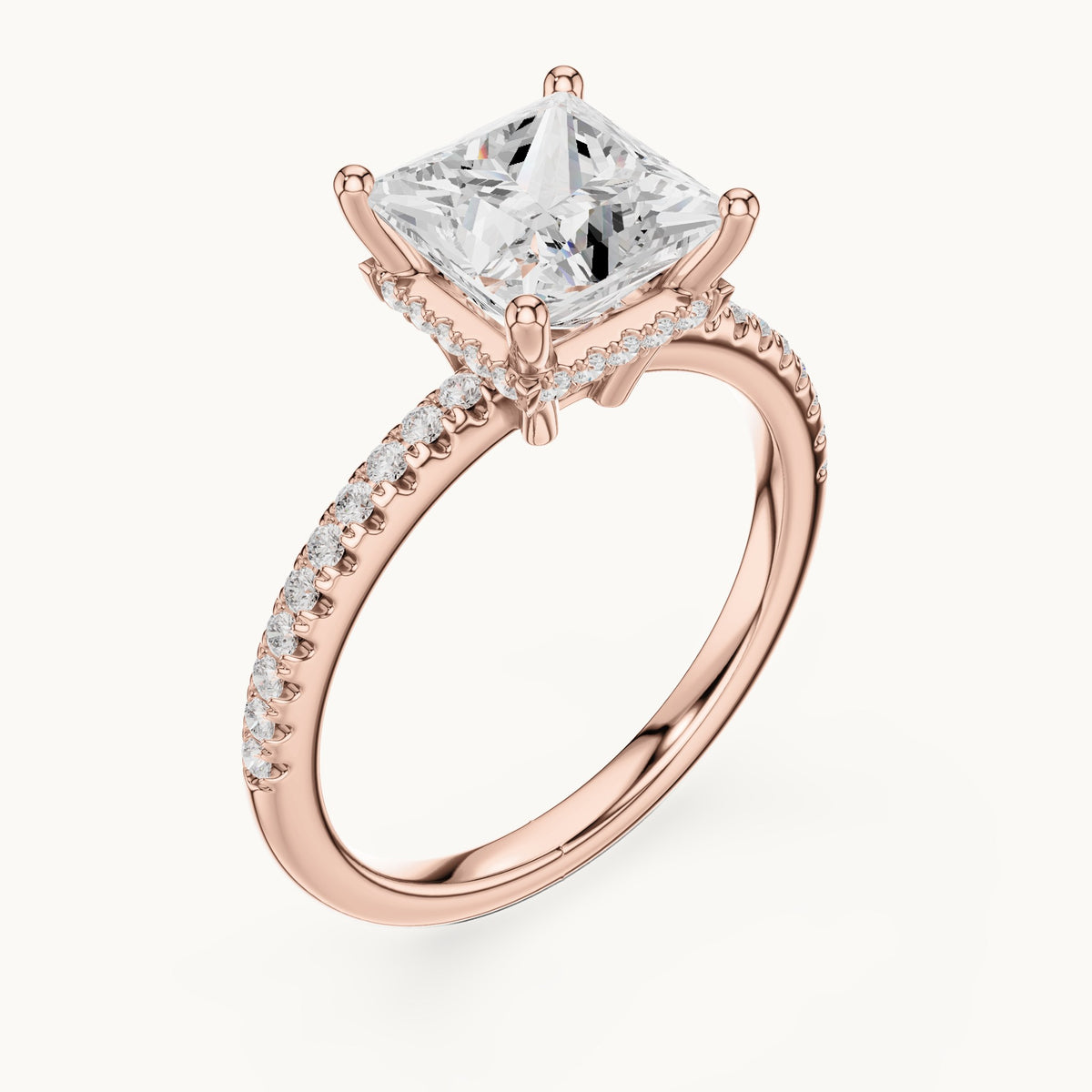 Princess-cut lab-grown diamond petite pavé hidden halo engagement ring in rose gold, 2.30 CT TW, view 2