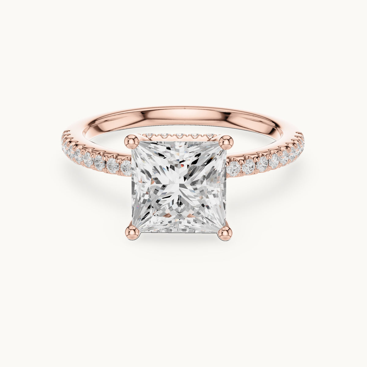 Princess-cut lab-grown diamond petite pavé hidden halo engagement ring in rose gold, 2.30 CT TW, view 4