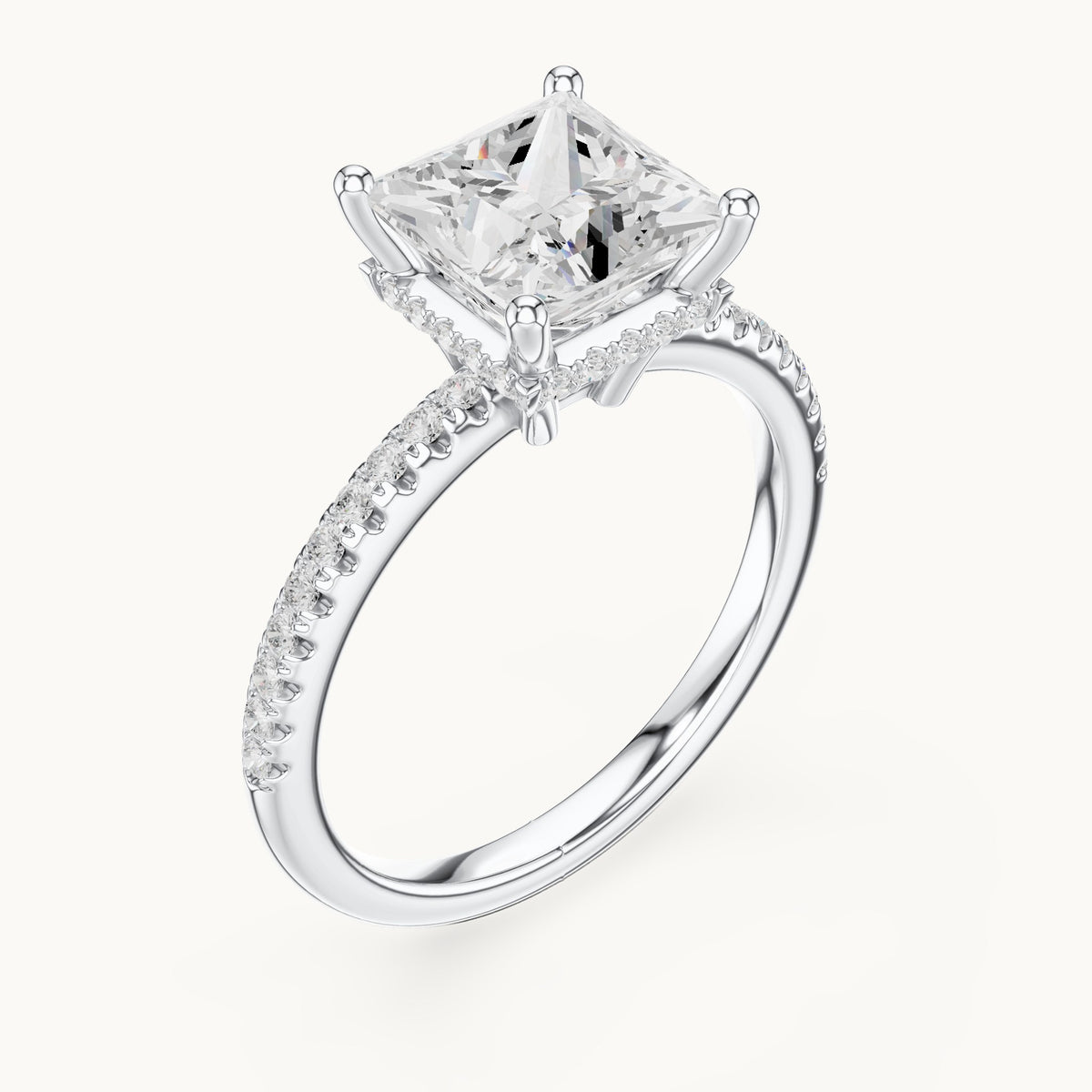Princess-cut lab-grown diamond petite pavé hidden halo engagement ring in white gold, 2.30 CT TW, view 2