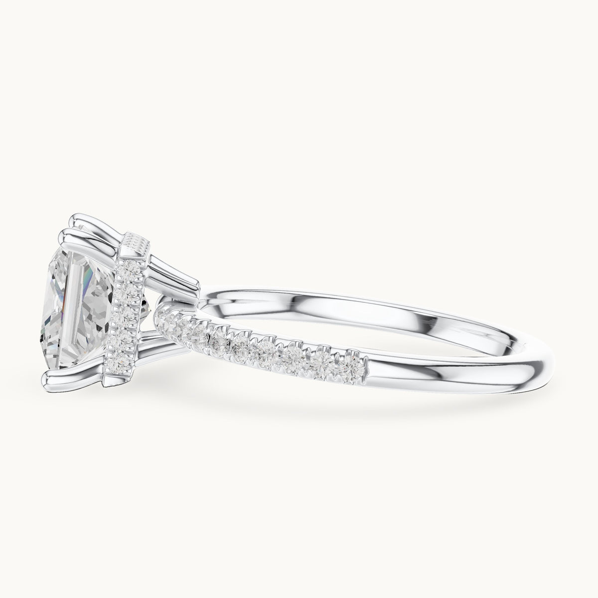 Princess-cut lab-grown diamond petite pavé hidden halo engagement ring in white gold, 2.30 CT TW, view 3