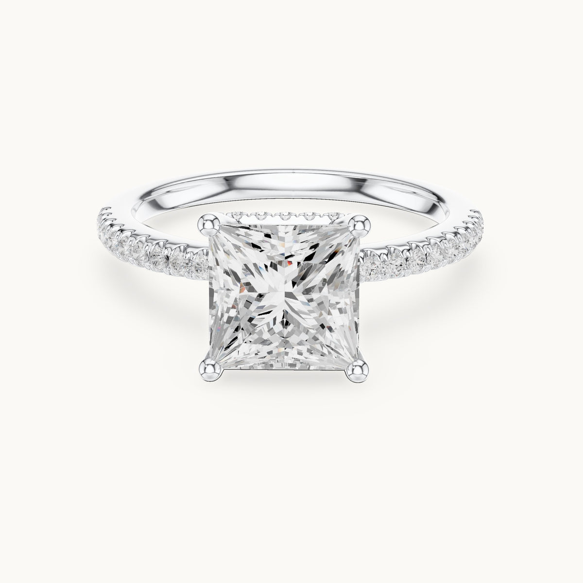 Princess-cut lab-grown diamond petite pavé hidden halo engagement ring in white gold, 2.30 CT TW, view 4