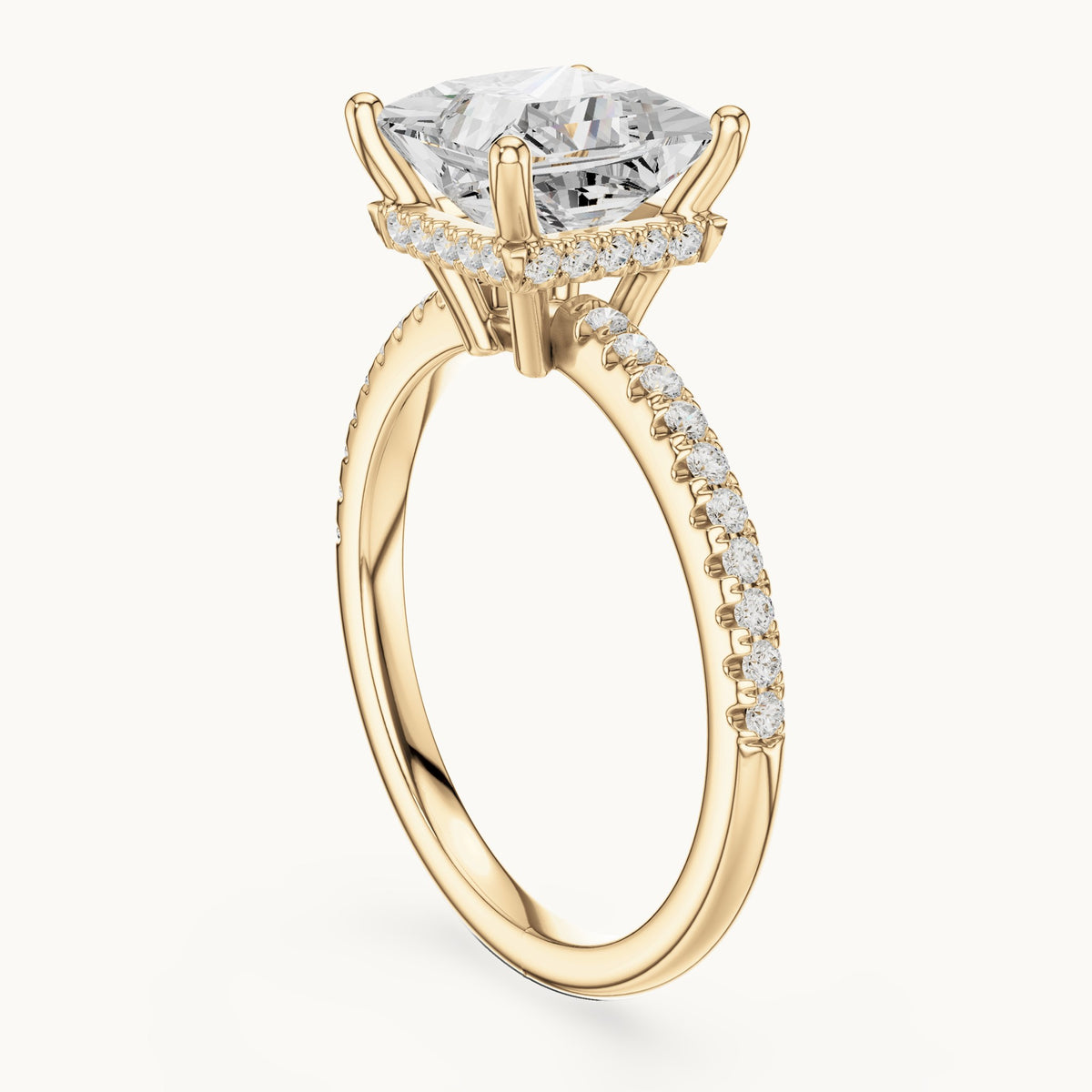 Princess-cut lab-grown diamond petite pavé hidden halo engagement ring in yellow gold, 2.30 CT TW, view 1