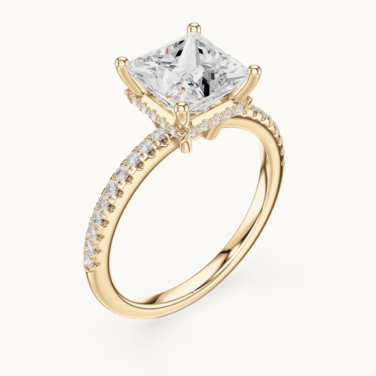 Princess-cut lab-grown diamond petite pavé hidden halo engagement ring in yellow gold, 2.30 CT TW, view 2