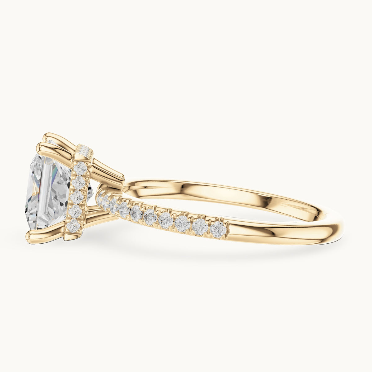 Princess-cut lab-grown diamond petite pavé hidden halo engagement ring in yellow gold, 2.30 CT TW, view 3