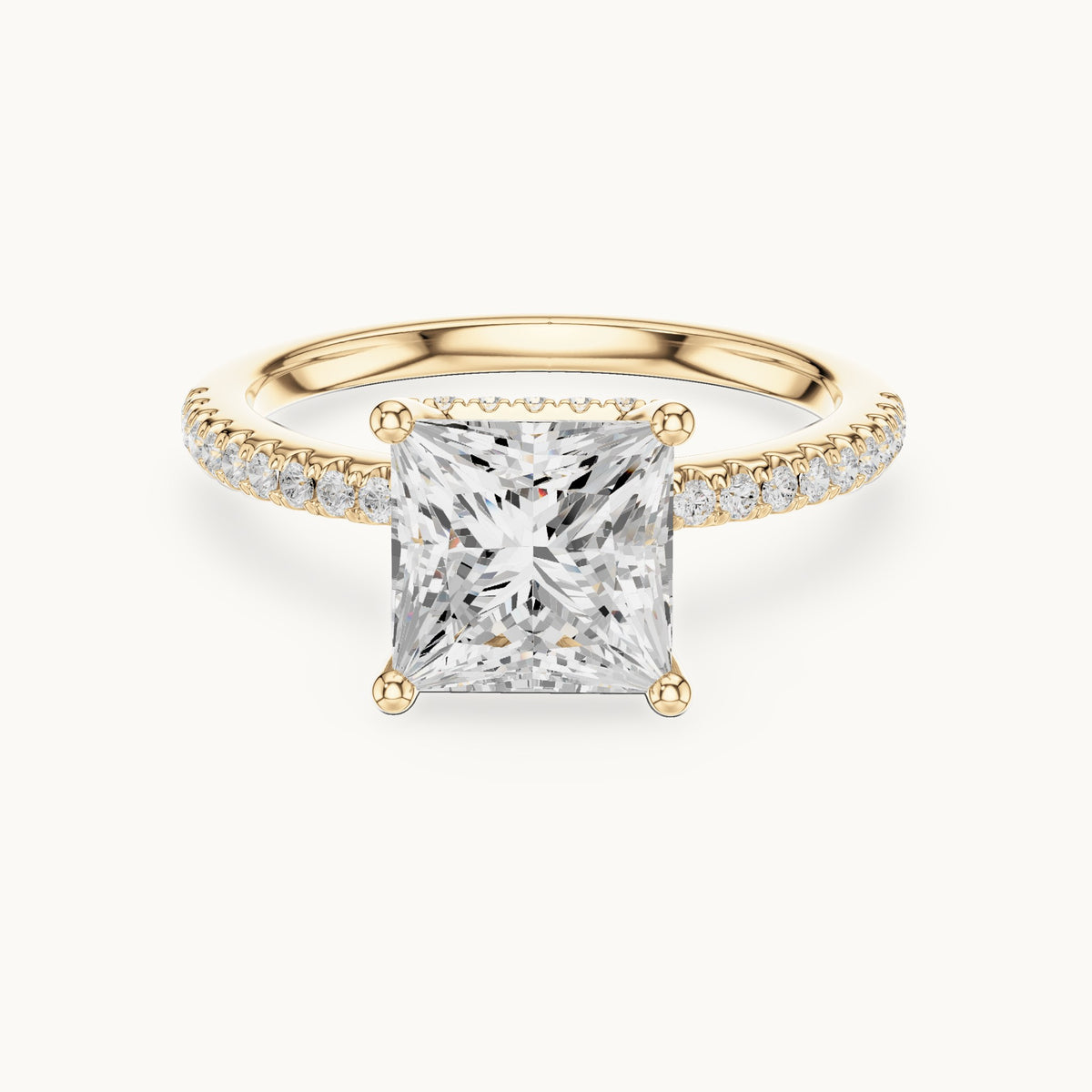 Princess-cut lab-grown diamond petite pavé hidden halo engagement ring in yellow gold, 2.30 CT TW, view 4