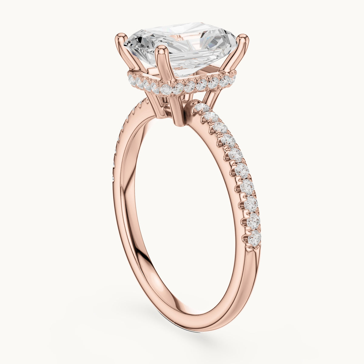 Radiant-cut lab-grown diamond petite pavé hidden halo engagement ring in rose gold, 2.31 CT TW, view 1