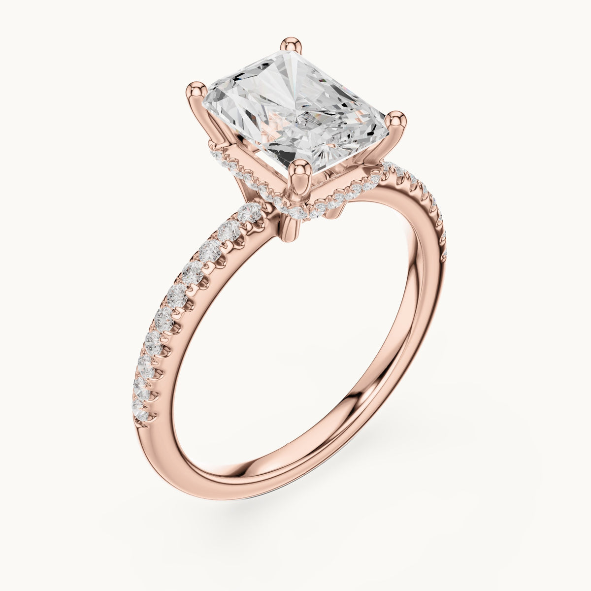 Radiant-cut lab-grown diamond petite pavé hidden halo engagement ring in rose gold, 2.31 CT TW, view 2