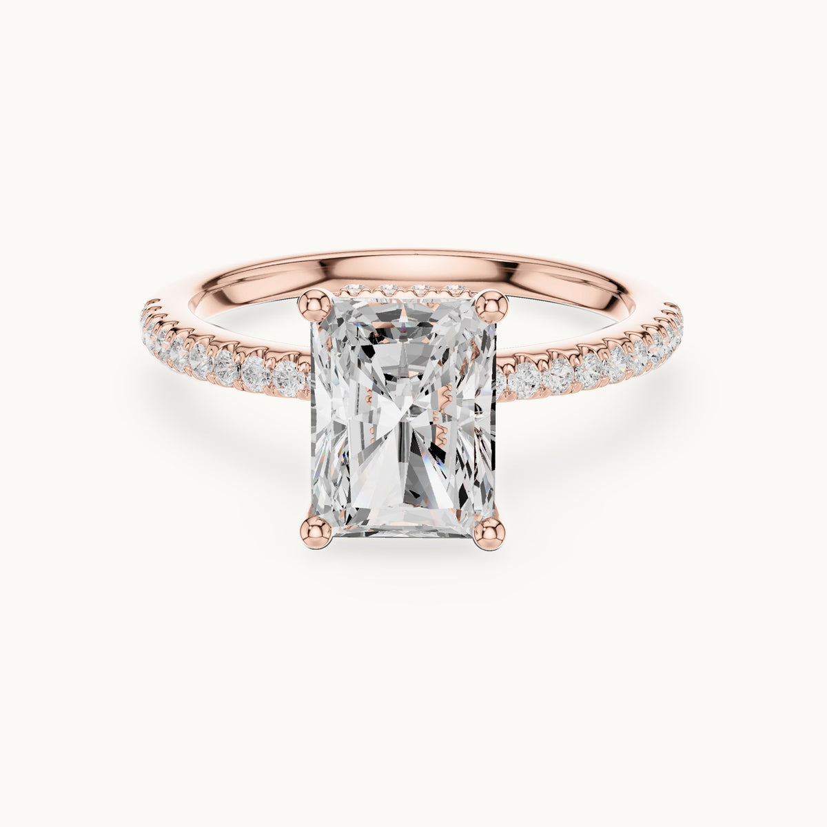 Radiant-cut lab-grown diamond petite pavé hidden halo engagement ring in rose gold, 2.31 CT TW, view 4