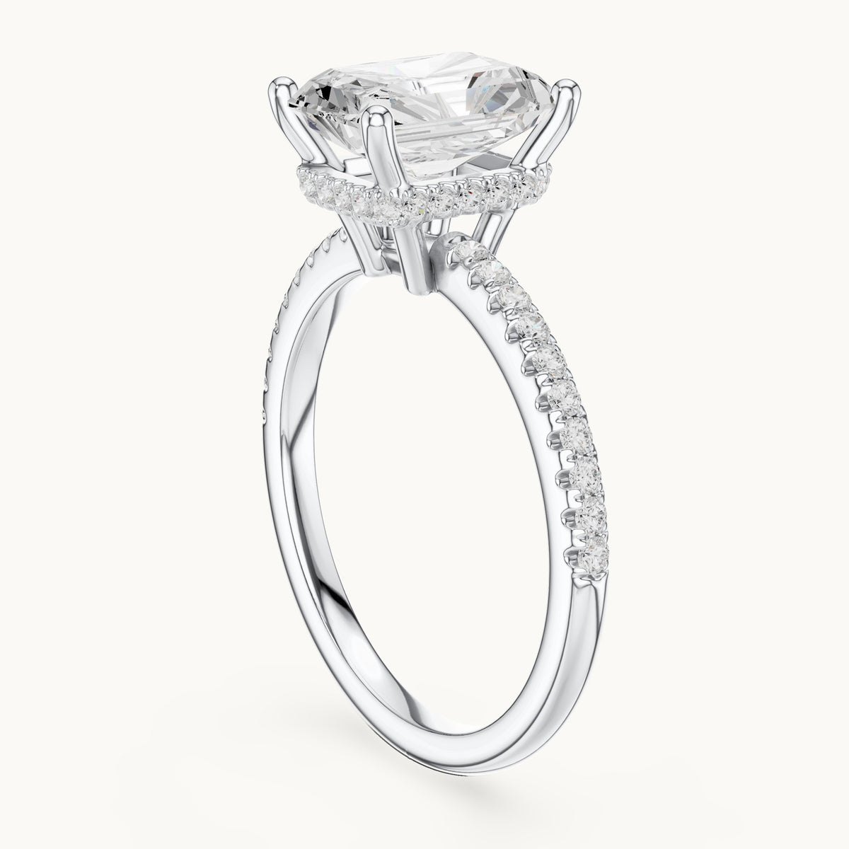 Radiant-cut lab-grown diamond petite pavé hidden halo engagement ring in white gold, 2.31 CT TW, view 1