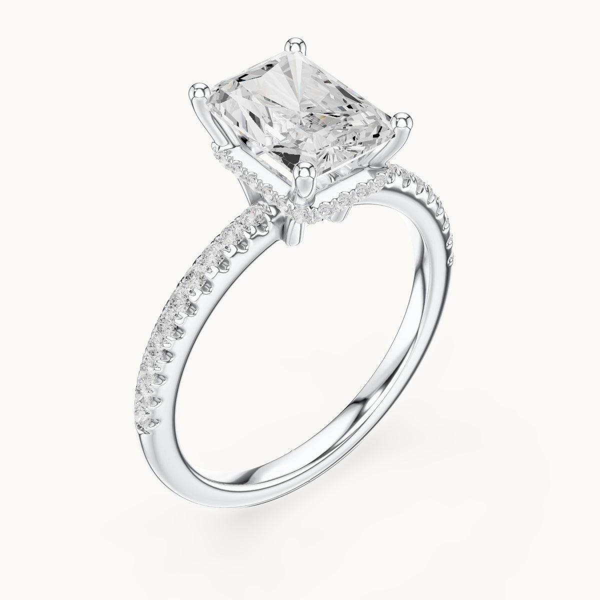Radiant-cut lab-grown diamond petite pavé hidden halo engagement ring in white gold, 2.31 CT TW, view 2