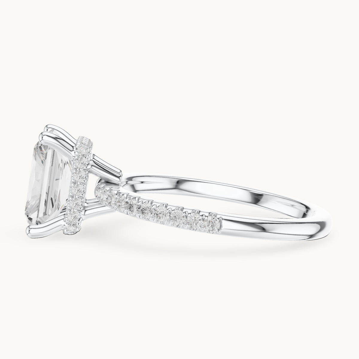 Radiant-cut lab-grown diamond petite pavé hidden halo engagement ring in white gold, 2.31 CT TW, view 3