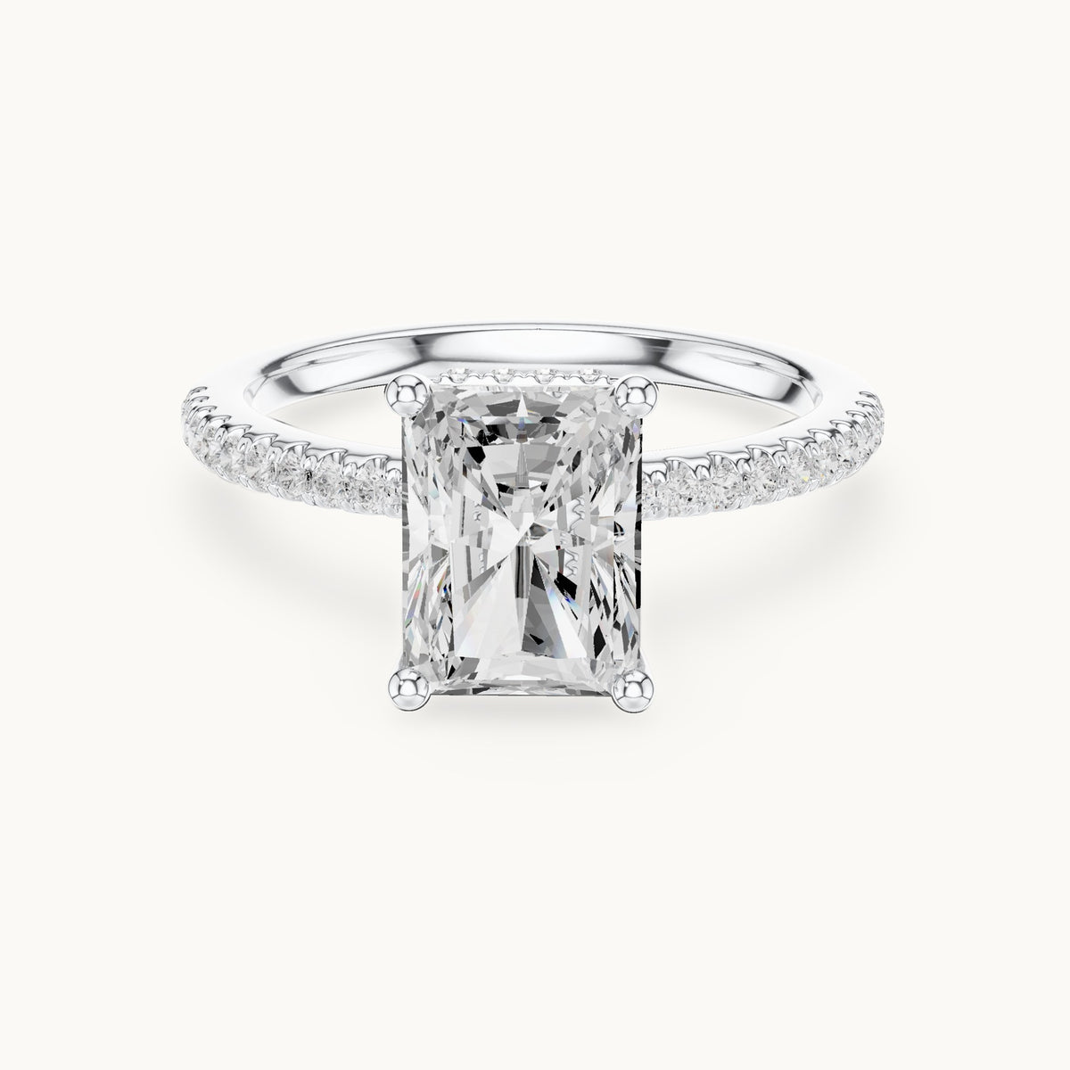 Radiant-cut lab-grown diamond petite pavé hidden halo engagement ring in white gold, 2.31 CT TW, view 4
