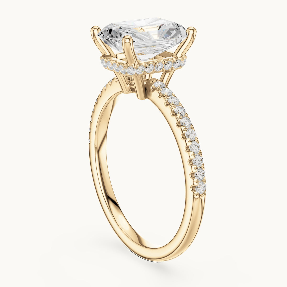 Radiant-cut lab-grown diamond petite pavé hidden halo engagement ring in yellow gold, 2.31 CT TW, view 1