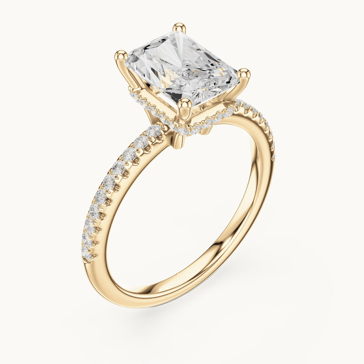 Radiant-cut lab-grown diamond petite pavé hidden halo engagement ring in yellow gold, 2.31 CT TW, view 2