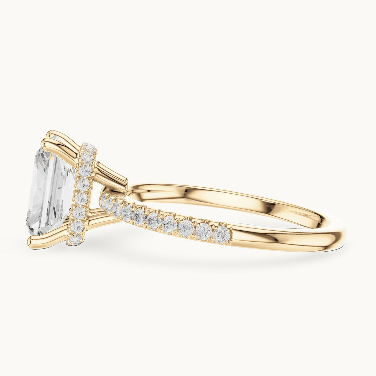 Radiant-cut lab-grown diamond petite pavé hidden halo engagement ring in yellow gold, 2.31 CT TW, view 3
