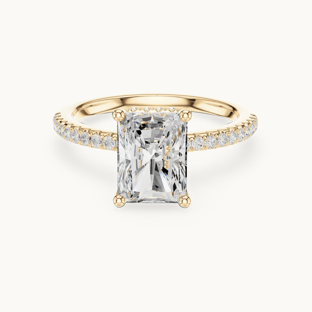 Radiant-cut lab-grown diamond petite pavé hidden halo engagement ring in yellow gold, 2.31 CT TW, view 4