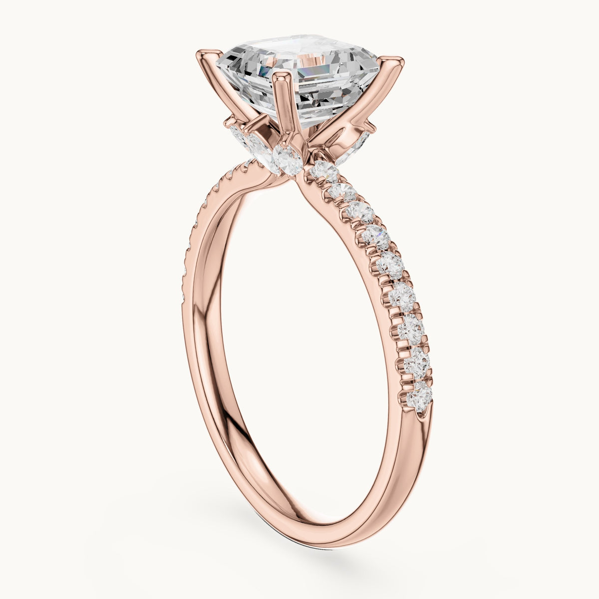 Asscher-cut lab-grown diamond pavé prong-accent engagement ring in rose gold, 2.41 CT TW, view 1