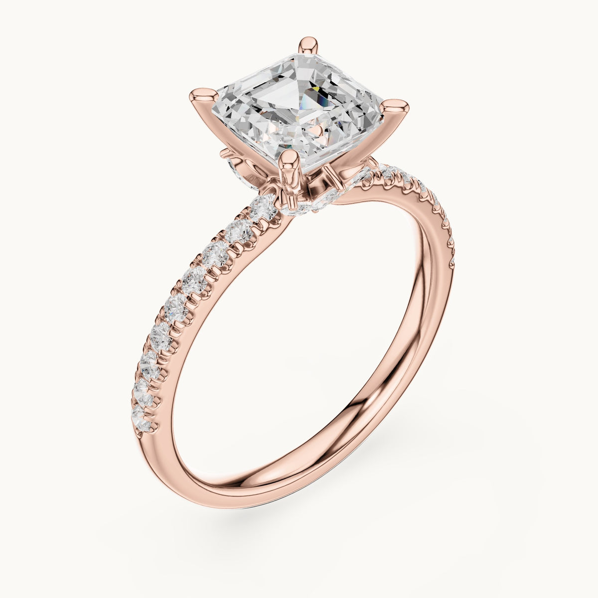 Asscher-cut lab-grown diamond pavé prong-accent engagement ring in rose gold, 2.41 CT TW, view 2