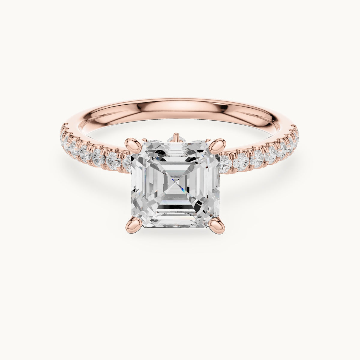 Asscher-cut lab-grown diamond pavé prong-accent engagement ring in rose gold, 2.41 CT TW, view 4