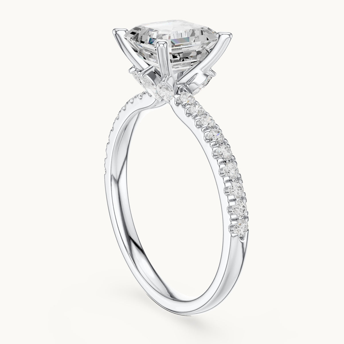 Asscher-cut lab-grown diamond pavé prong-accent engagement ring in white gold, 2.41 CT TW, view 1