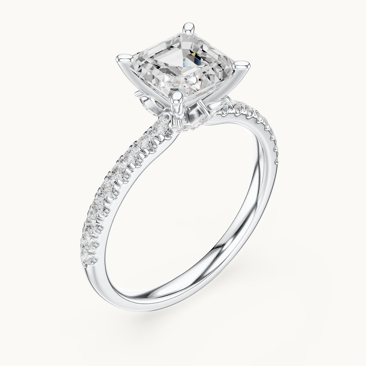 Asscher-cut lab-grown diamond pavé prong-accent engagement ring in white gold, 2.41 CT TW, view 2