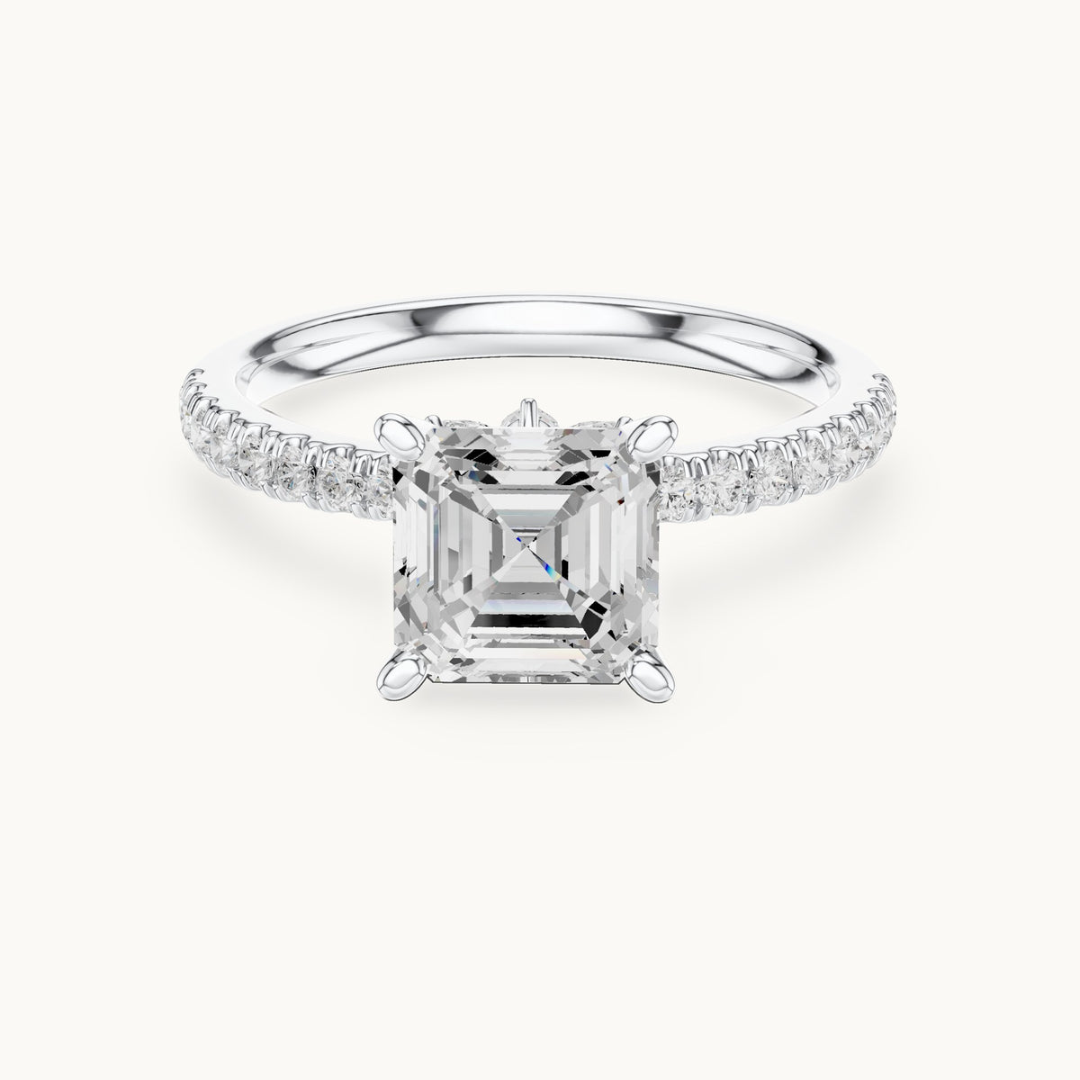 Asscher-cut lab-grown diamond pavé prong-accent engagement ring in white gold, 2.41 CT TW, view 4