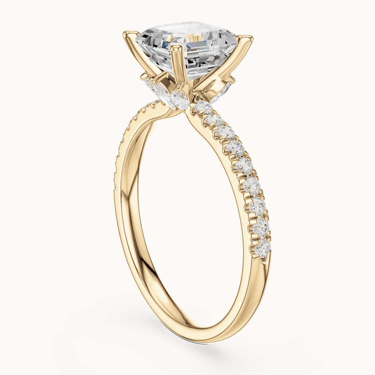Asscher-cut lab-grown diamond pavé prong-accent engagement ring in yellow gold, 2.41 CT TW, view 1