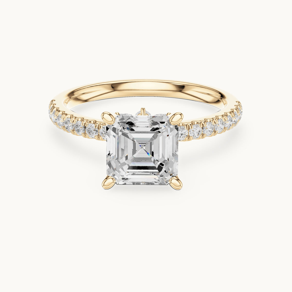 Asscher-cut lab-grown diamond pavé prong-accent engagement ring in yellow gold, 2.41 CT TW, view 4