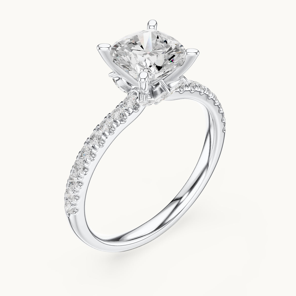 Cushion-cut lab-grown diamond pavé prong-accent engagement ring in white gold, 2.41 CT TW, view 2