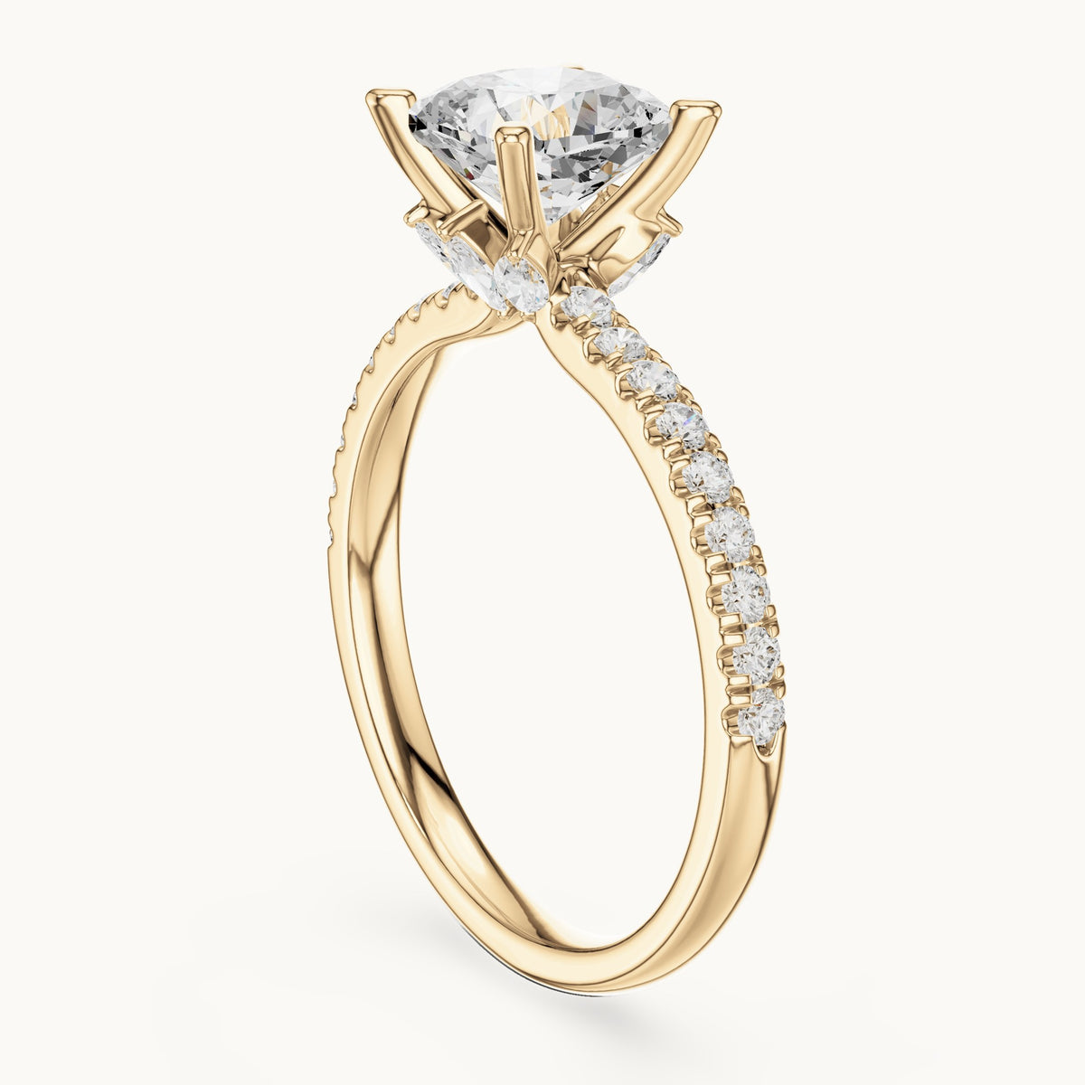 Cushion-cut lab-grown diamond pavé prong-accent engagement ring in yellow gold, 2.41 CT TW, view 1