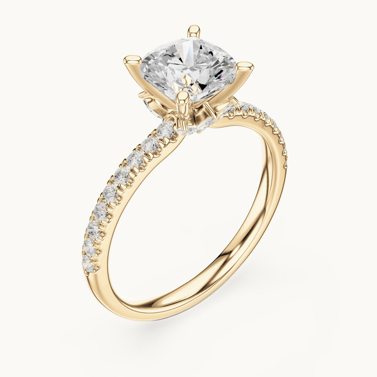 Cushion-cut lab-grown diamond pavé prong-accent engagement ring in yellow gold, 2.41 CT TW, view 2