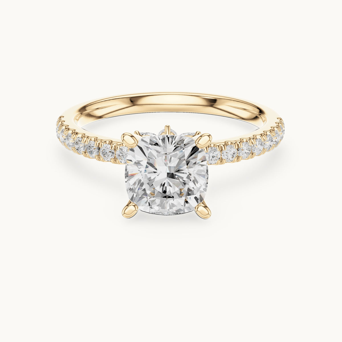 Cushion-cut lab-grown diamond pavé prong-accent engagement ring in yellow gold, 2.41 CT TW, view 4