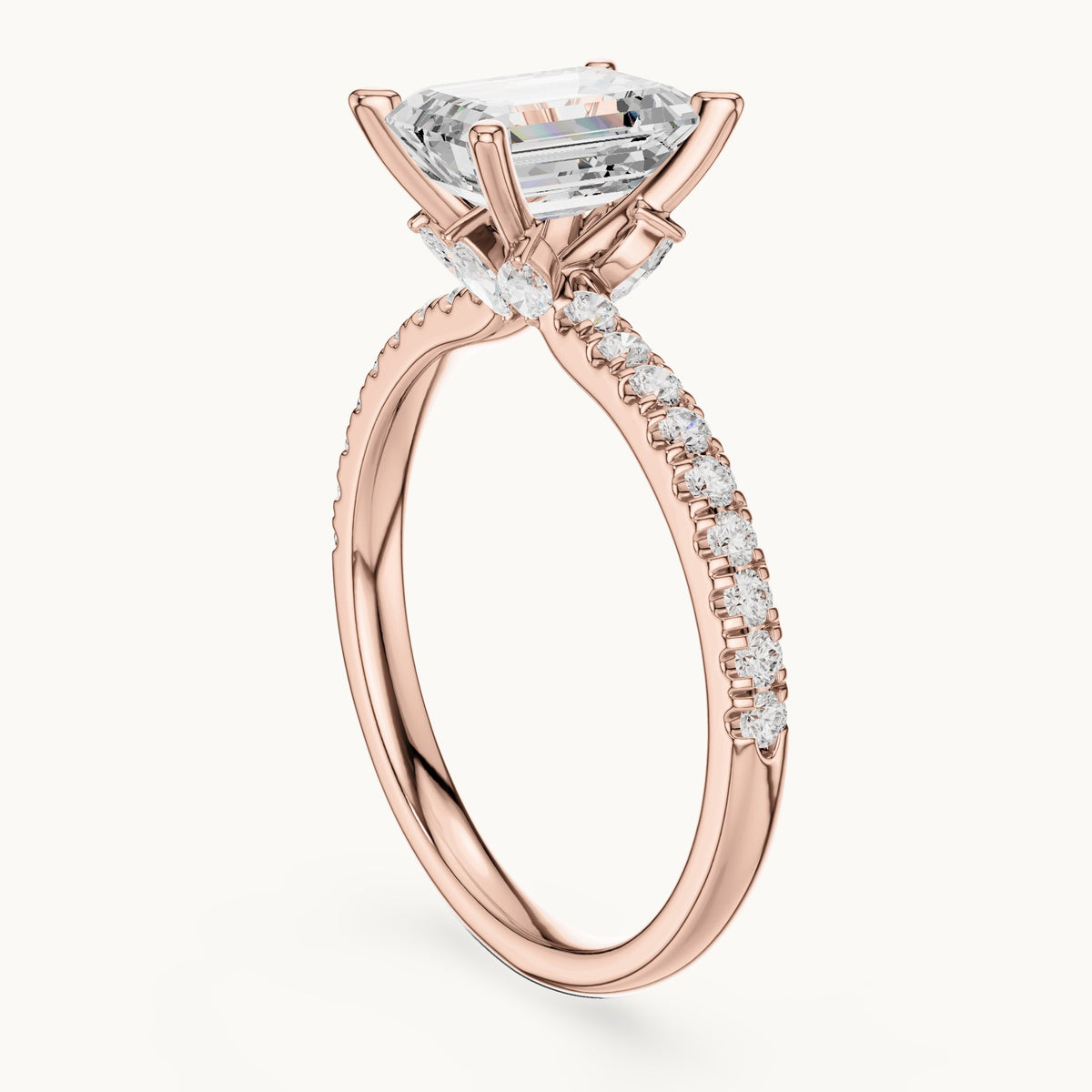 Emerald-cut lab-grown diamond pavé prong-accent engagement ring in rose gold, 2.41 CT TW, view 1